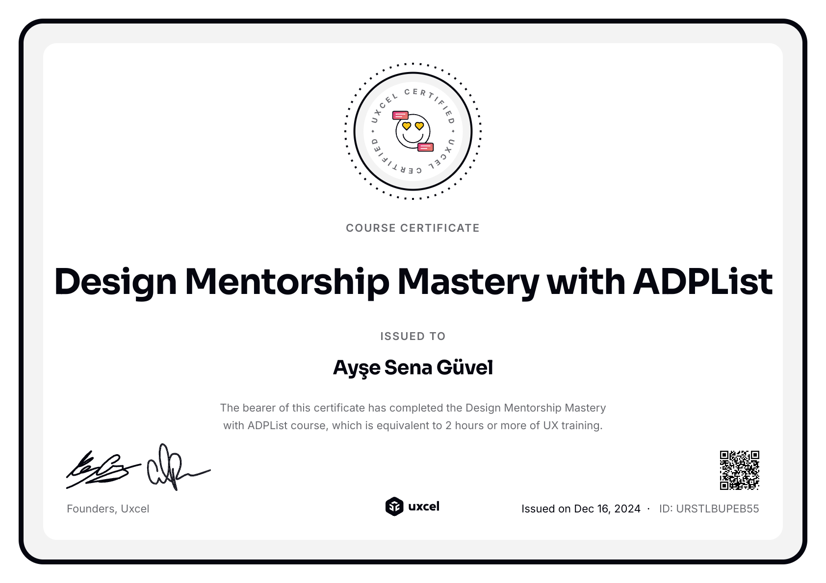 Ayşe Sena Güvel's certificate